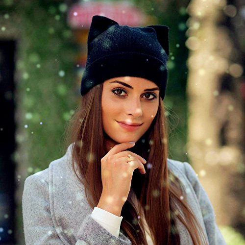 Women Cat Ear Beanie Hat WoolBraided Knit Trendy Winter Warm Cap-black-2pcs