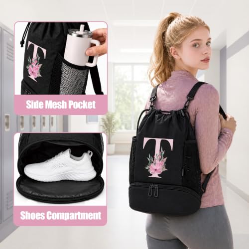 Vavabox Initial Drawstring Backpack with Shoe Compartment for Girls (S) - Black