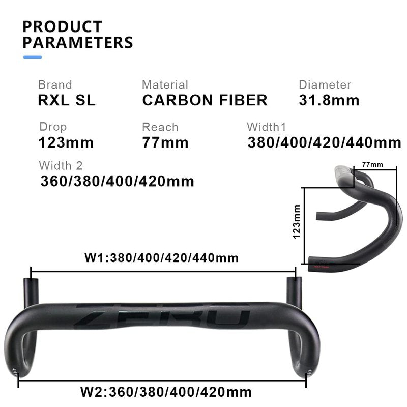 RXL SL Carbon Road Bike Handlebars - 31.8mm, 440mm Drop, External Cables, Black, UD Glossy