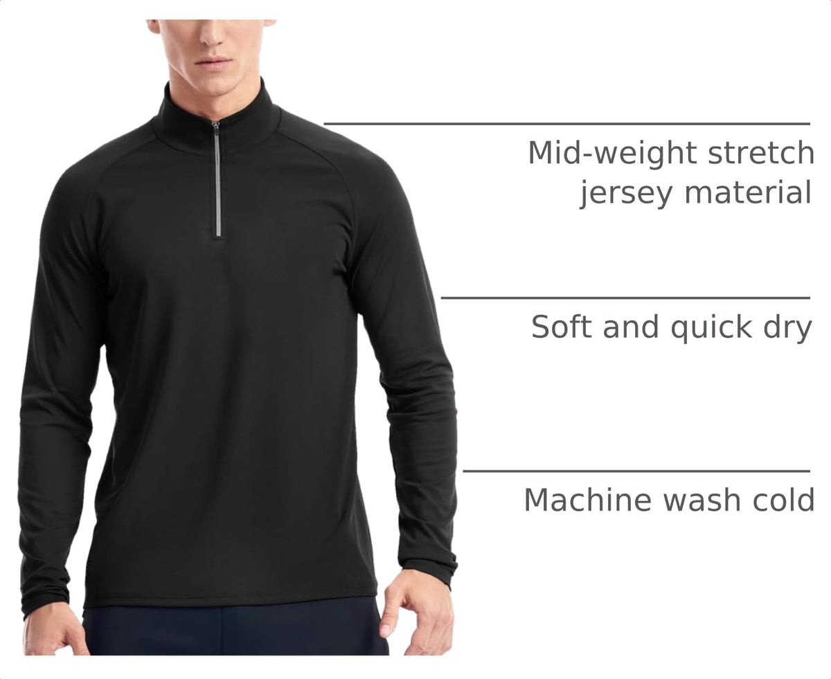 Zengjo Mens 1/4 Zip Pullover Lightweight Long Sleeve Running Workout Shirts(Black,L)