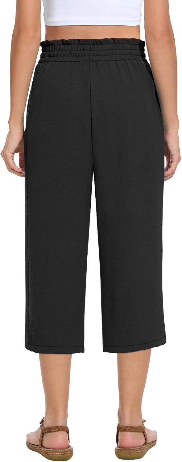 Women's High-Waisted Wide Leg Capri Pants - Casual Drawstring Trousers with Pockets | Summer Style