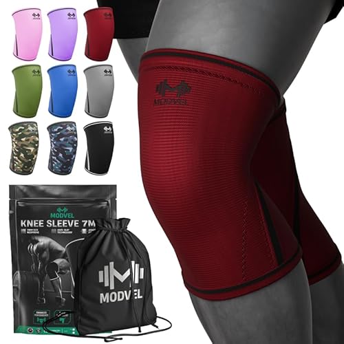 Modvel 7mm Neoprene Knee Sleeves for Men & Women Weightlifting & Powerlifting ? Compression Knee Sleeve Support for Squats, Gym, Training ? USPA, IPL Approved ? Large Red (Pair)