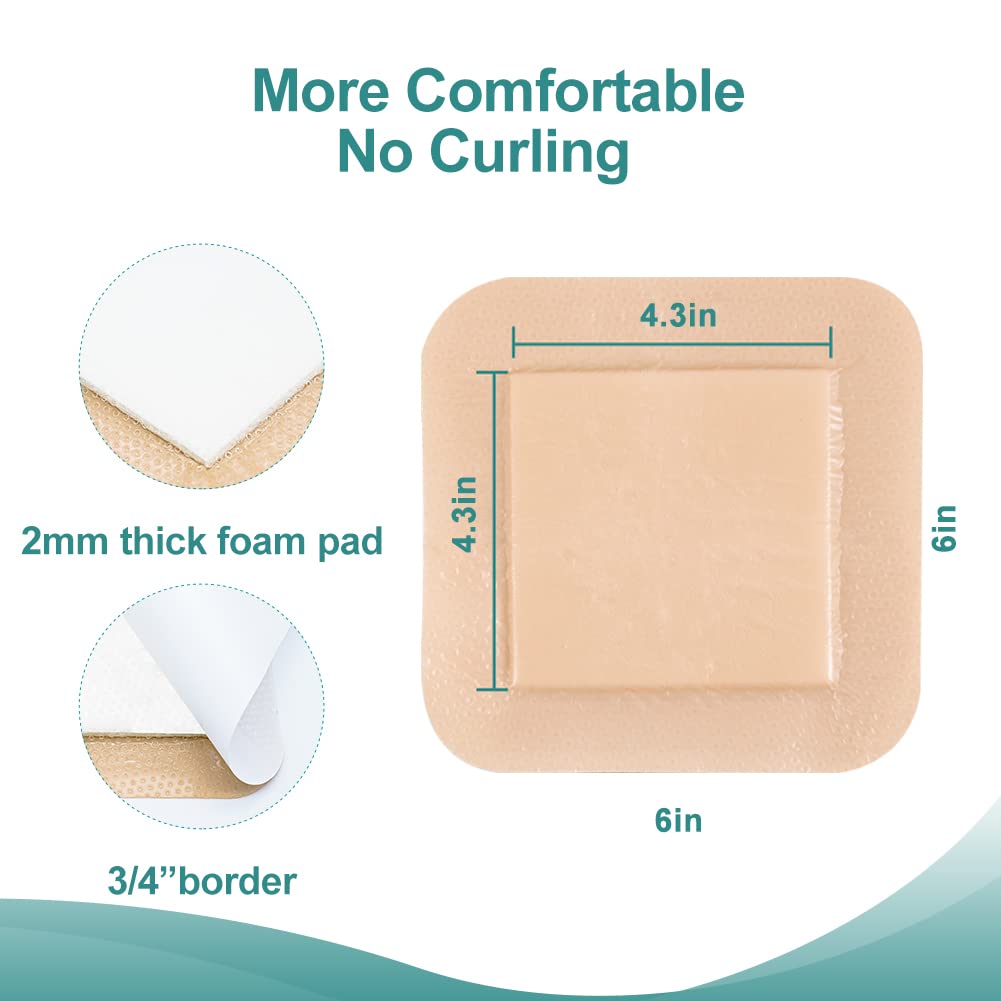 Dimora Silicone Foam Dressing, 6'' x 6''(4.3" X 4.3" pad) Sacrum Wounds, Waterproof Wound Dressing with Gentle Border, High Absorbency Foam Bandages, Silicone Self-Adhesive Patches,5 Count