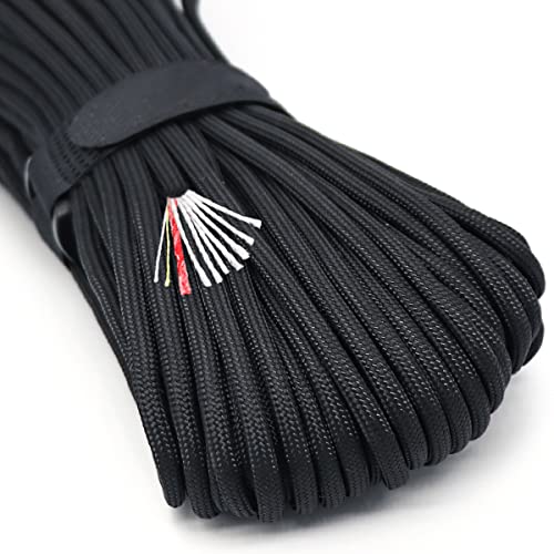 Survival Paracord Rope PSKOOK 100 Feet Fire Starter Parachute Cord 7-Strand Nylon with Red Tinder Cord PE Fishing Line Cotton Thread for Outdoor Lanyards, Bracelets, Handle Wraps (Black)