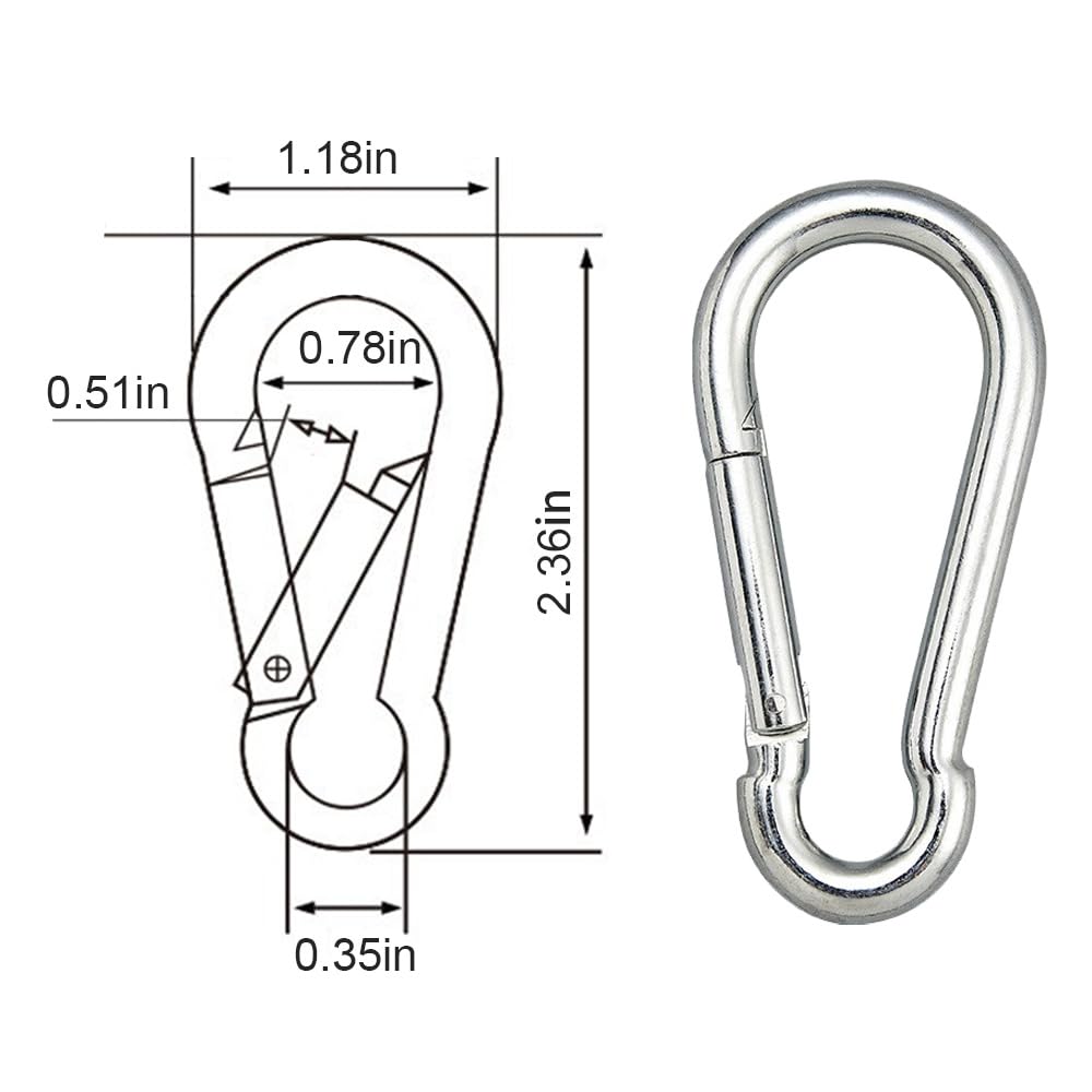 10PCS 2.36" Stainless Steel Carabiner Clip, 270-lb WLL Snap Hook.