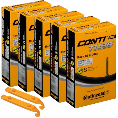 Continental Race 28" 700x20-25c Bicycle Inner Tube Bundle - 60mm Long Presta Valve (Pack of 5 w/ 2 Conti Tire Levers)
