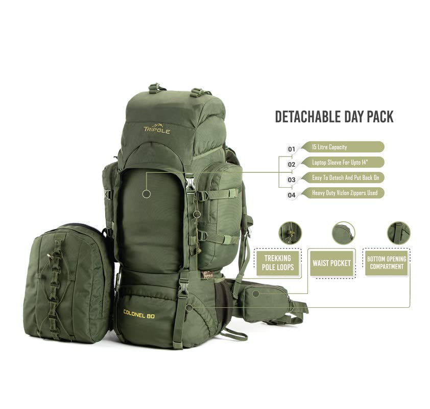 TriPole Colonel 80 litres Internal Frame Rucksack + Detachable Day Pack, Rain Cover, Army Green