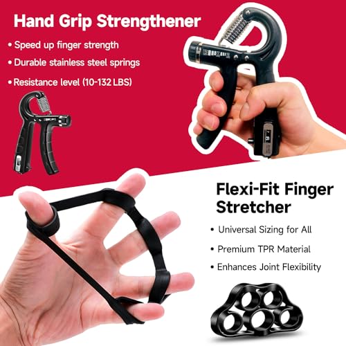 FitBeast Hand Grip Strengthener Workout Kit (5 Pack), 2 Forearm Grip Adjustable Resistance Hand Gripper, Finger Stretcher, Grip Ring & Stress Relief Grip Ball for Athletes