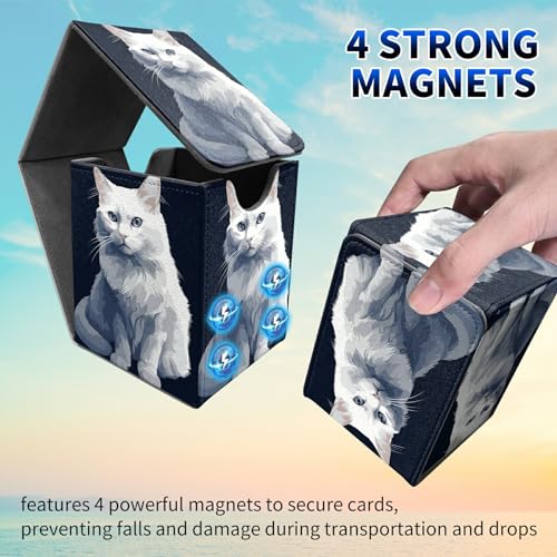 Dikoer White Cat Card Deck Box, MTG Commander Deck Box Card Deck Case for Trading Cards, 100+ Sleeved Cards with PU Leather Magnetic Card Storage Box for TCG CCG Magic Cards