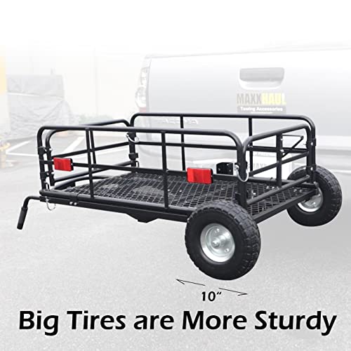 MaxxHaul 50243 Foldable Hitch N Roll Cargo Carrier Cart With Quick Detachable Basket Rack With 10 inch Flat Free Tires for Home Camp Travel Ranch SUV Up to 400 lb. Capacity