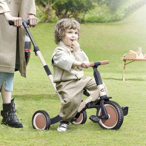 newyoo Toddler Tricycle with Push Handle for 1-3 Year Old, Toddler Bike, Birthday Gift and Toy for Boys and Girls, 5 in 1 Kids Trike, Balance Bike with Backrest and Safety Belt, Khaki, TR007