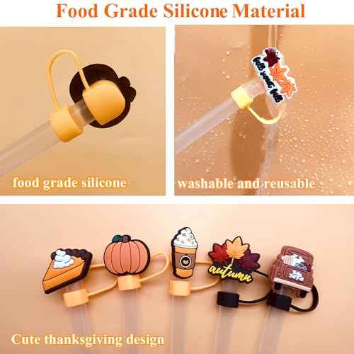 12pcs Fall Straw Toppers for Stanley Cup Thanksgiving Autumn Straw Covers 10mm Silicone Drinking Tip Covers for Stanley Cup Accessories
