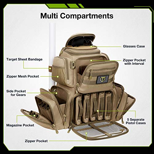 TIDEWE Tactical Range Backpack Bag for Gun and Ammo with Pistol Case (Khaki)