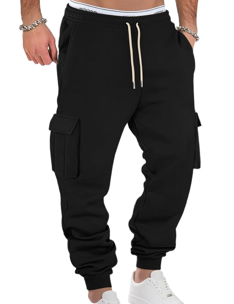 QOSOQ Men's Fleece Joggers with Pockets Heavyweight Winter Casual Sweatpants with Drawstring Elastic Waistband Black