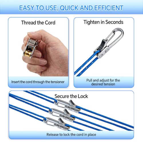 12 Pack Rope Rollers with Paracord Tensioner & Locking Buckle - Heavy Duty Tie Down for Camping, Boating & Outdoor Use