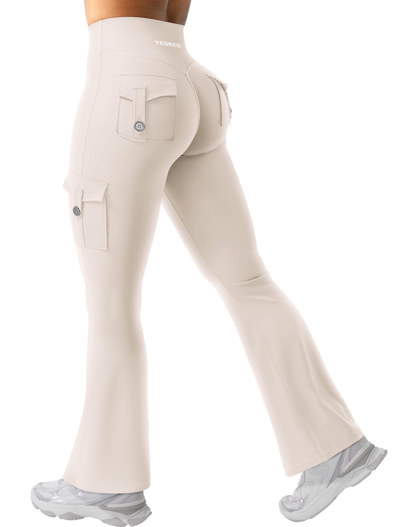 YEOREO CoreFlex Women Workout Flare Leggings with Pockets Scrunch Cargo Gym Yoga Leggings Light Khaki M
