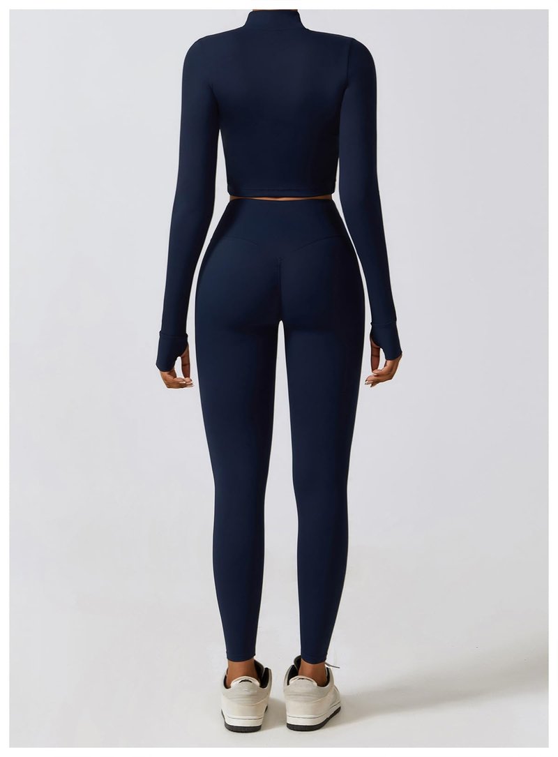 3 Piece Women Workout Set Sports Bra Crop Top Jacket with Thumb Holes Tummy Control High Waist Leggings M Navy Blue