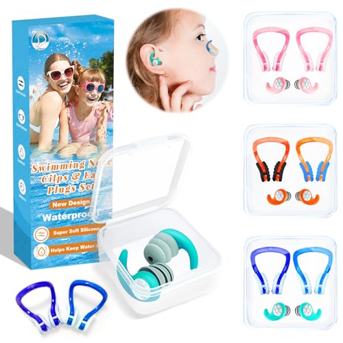 Swimming Nose Clip Ear Plugs - 9 Packs Silicone Swim Nose Plugs with Earplugs for Kids,Waterproof Pool Nose Plugs for Diving Surfing and Other Water Sports with Storage Box,Multi-Color