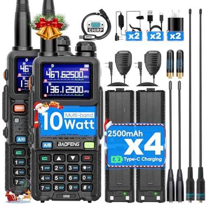 Baofeng Radio Ham Radio Handheld 5RM 10W Long Range 4 Rechargeable Batteries NOAA Weather Two Way Radio Walkie Talkie for Adults with Programming Cable,999CH for Survival Gear Hunting Camping, 2 Pack