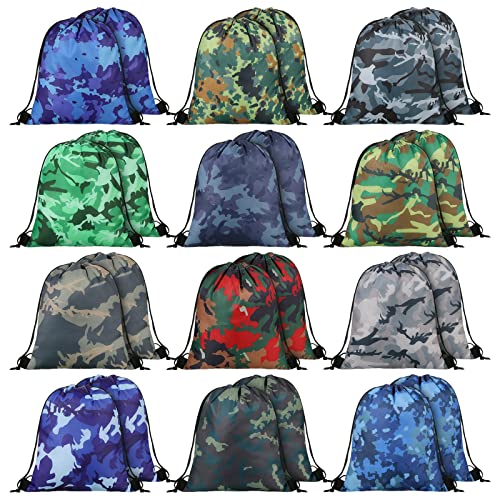 Woanger 24 Pcs Camo Drawstring Backpack for Waterproof Camouflage Drawstring Bag Lightweight Camouflage Travel Bags Bulk Sport Gym Camping Bag Gift Birthday Party Supplies (12 Styles)