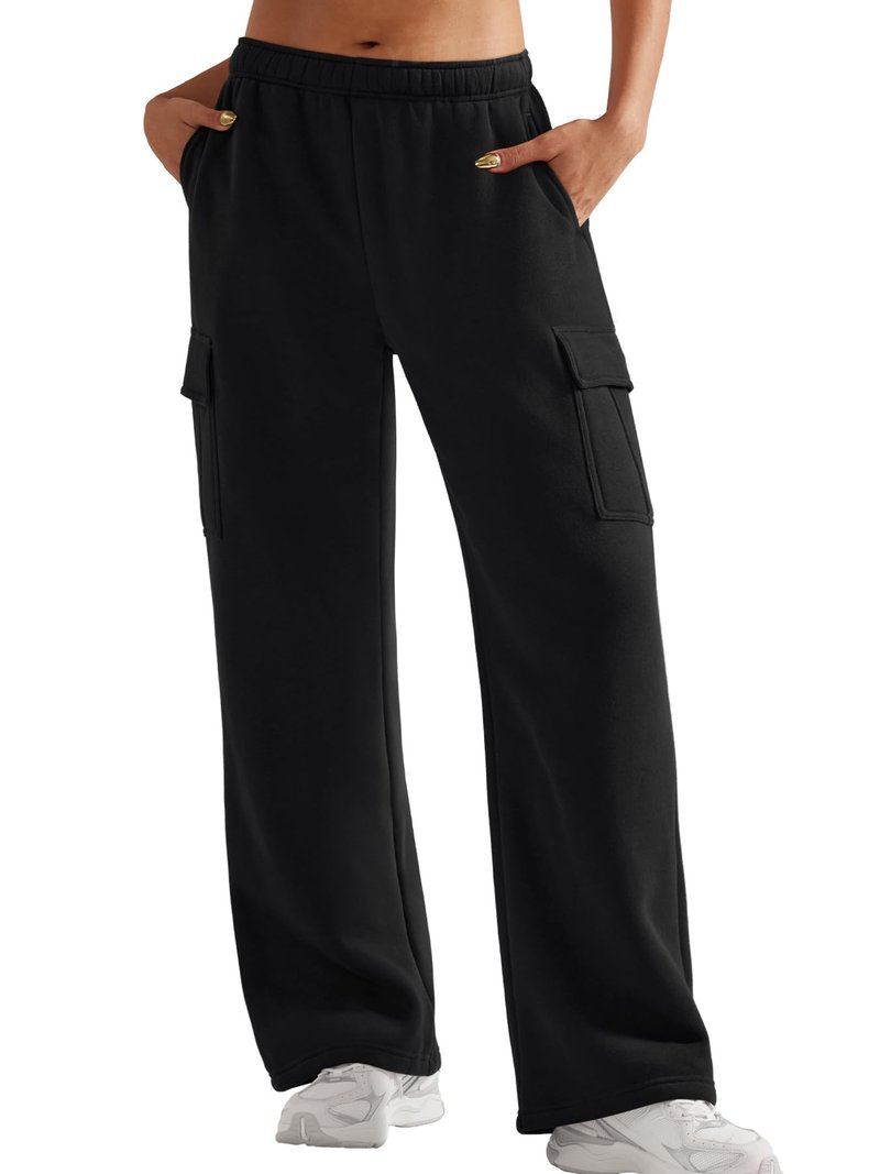 YEOREO Sweatpants Womens Cargo Pants Fleece Lined Wide Leg Joggers Baggy Drawstring Nairi Sweat Pants with Pockets Black S
