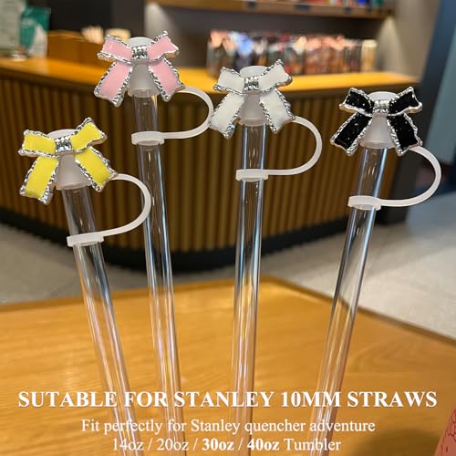 Epoxy Bow Straw Toppers for Stanley Cups -4PCs Cute Straw Cover Caps Silicone Stanley Cup Accessories Compatible with 12 20 30 40 Oz Tumblers in Pink Black White Yellow with Storage Case
