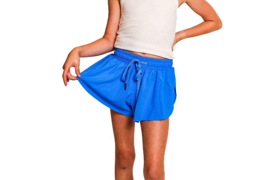 Youth Girls Flowy Athletic Shorts with Spandex Liner. Butterfly Shorts for Fitness, Running, Sports and Leisure. Blue, M