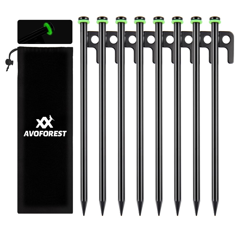 AVOFOREST 12Inch Heavy Duty Tent Stakes, 8PCS Tent Pegs Metal+Fluorescent Silicone Rings+ Storage Bag for Camping