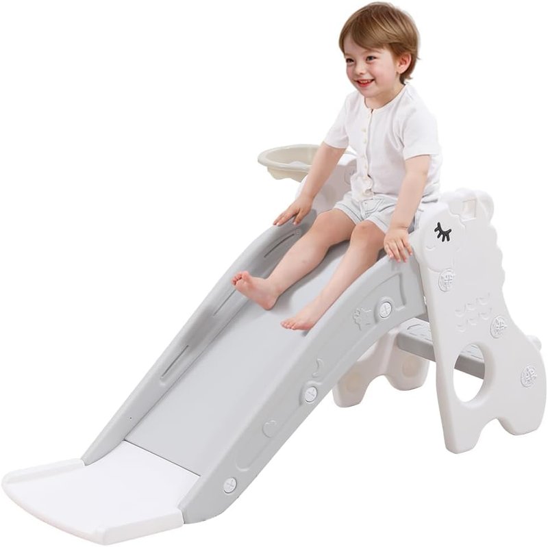 Toddler Slide & Climber Playset - Indoor Ball Pit with Basketball Hoop | Pearl White