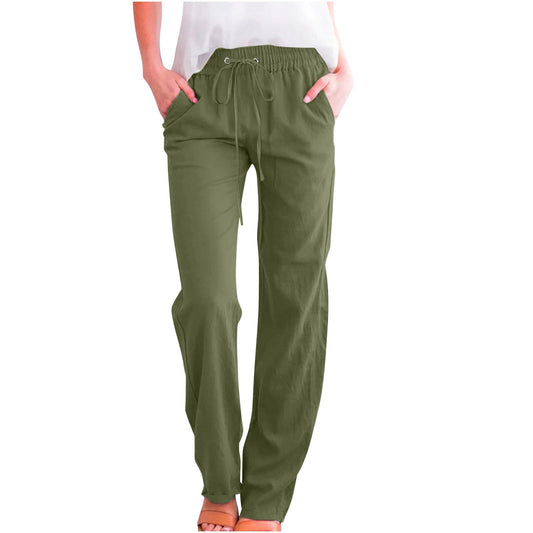 Generic Ladies Lounge Pants, Prime The Day 2024 Deals, Womens Casual Cotton Linen Pants Lightweight Summer Relax Fit Elastic Waist Straight Leg Plus Size Solid Lounge Long Trousers D01_Army Green,L