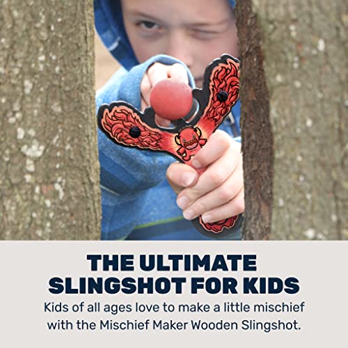 Mighty Fun! - Mischief Maker® Wooden Slingshot - Lil’ Monster Series - Real Wood Slingshot for Kids, 4 Soft Foam Balls and Storage Bag - Ages 4+ (red)