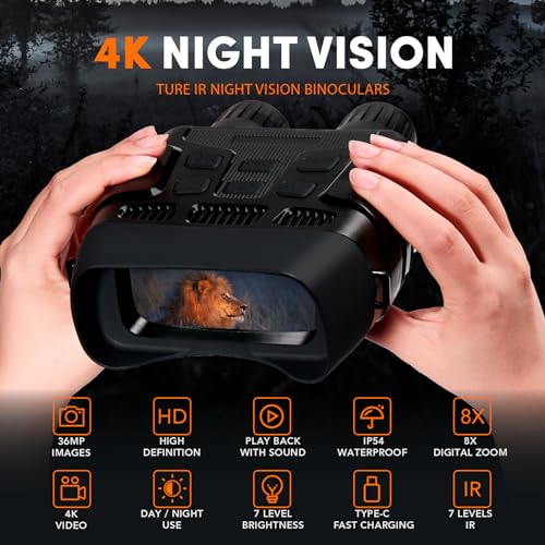 GTHUNDER 4K Night Vision Goggles, 4000mAH Rechargeable Infrared Digital Night Vision Binoculars, 32GB Card for Video and Photo