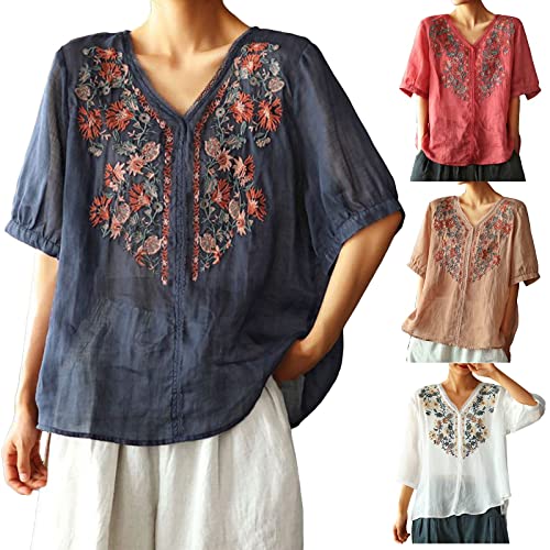 linen shirts for women Womens Linen Embroidered Blouse Plus Size 3/4 Sleeve T-Shirts Lightweight Boho Embroidered Peasant Shirts Button Up peasant tops for women deals of The day clearance