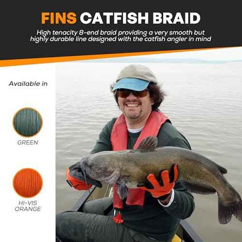 FINS Catfish Braid - Ultra-Strong 8-End HT-PE Fishing Line Smooth Casting Wire, No Stretch, High Durability, Abrasion-Resistant Long Casts No Line Digging - Made in USA