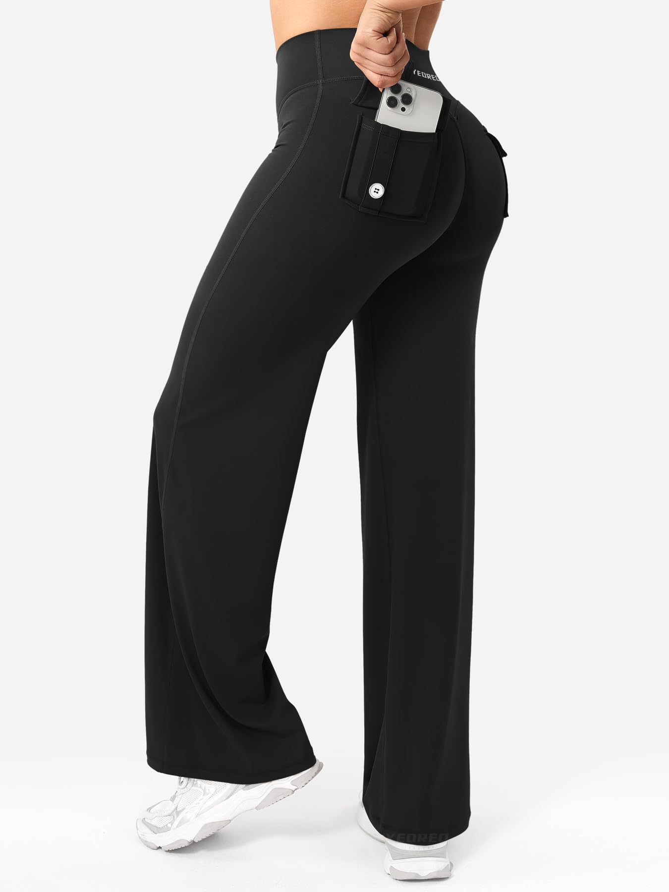 YEOREO CoreFlex Straight Leg Leggings Pockets Cargo Workout Leggings for Women No Front Seam Hidden Scrunch High Yoga Pants Black-M