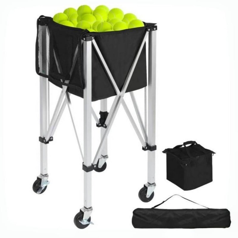 Portable tennis hopper for collecting products can hold 180 balls. The foldable tennis basket, pickleball basket, wheeled teaching vehicle, and the lightweight tennis ball carrier with wheels