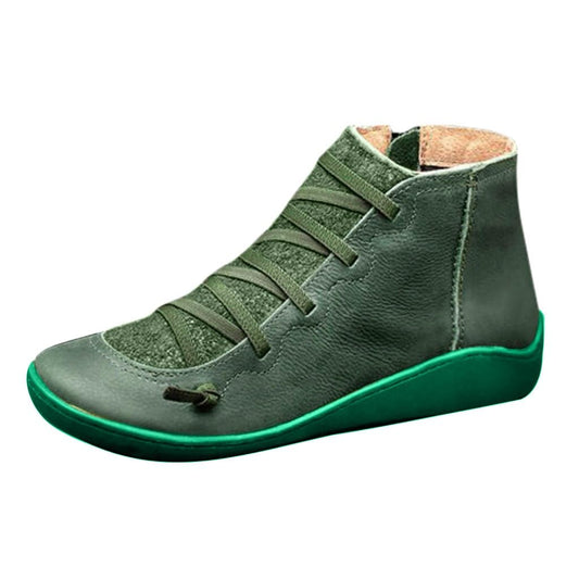 Women's Flat Boots Leather Round Toe Lace-up Shoe Side Zipper Retro Solid Casual Boots Walking Sneakers For Ladies Green, 9.5-10