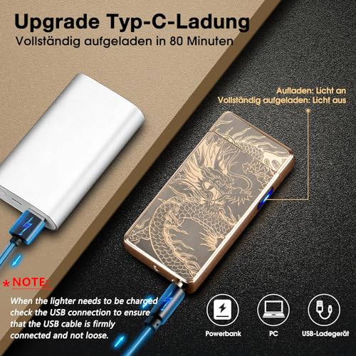 LcFun Electric Lighters Rechargeable USB Lighter, Plasma Dual Arc Lighter, Windproof Flameless Cool Lighters for Candles, Incense Stick, Outdoor Camping (Gold Dragon)