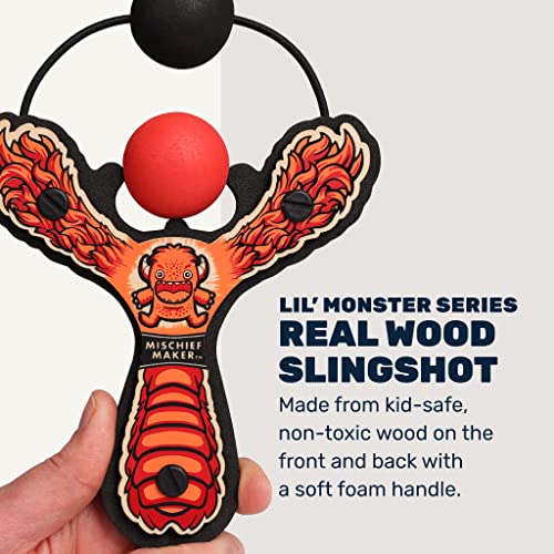 Mighty Fun! - Mischief Maker® Wooden Slingshot - Lil’ Monster Series - Real Wood Slingshot for Kids, 4 Soft Foam Balls and Storage Bag - Ages 4+ (red)