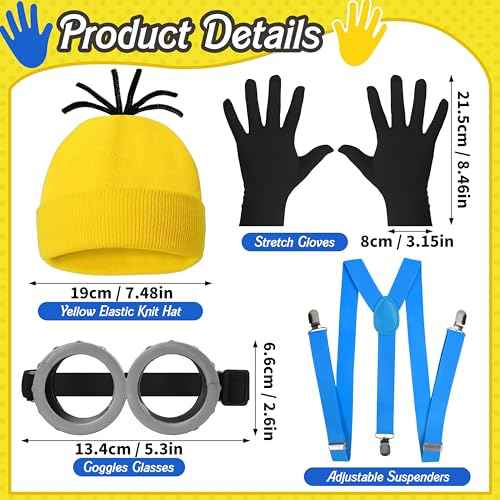5 Pcs Halloween Yellow Costume Accessories for Adult, Yellow Beanie Hats, Goggles Glasses, Elastic Suspenders, Black Gloves for Halloween Dress Up Men Women Cosplay Party
