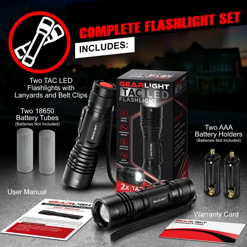 GearLight TAC LED Flashlight Pack - 2 Super Bright, Compact Tactical Flashlights with High Lumens for Outdoor Activity & Emergency Use - Gifts for Men & Women