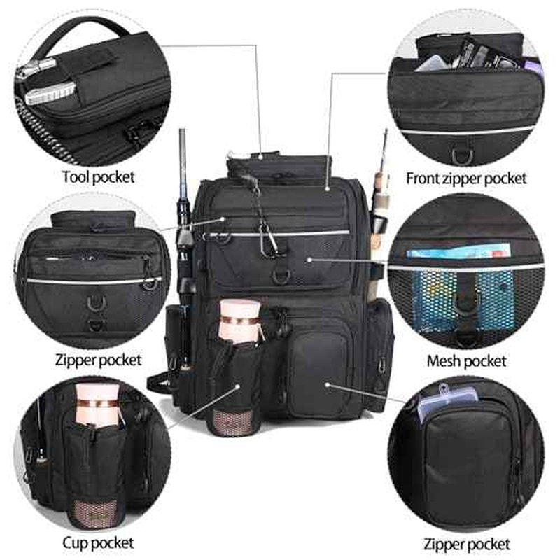 Fishing Tackle Backpack With Rod Holders, Large 40L Fishing Backpack for Camping, Hiking