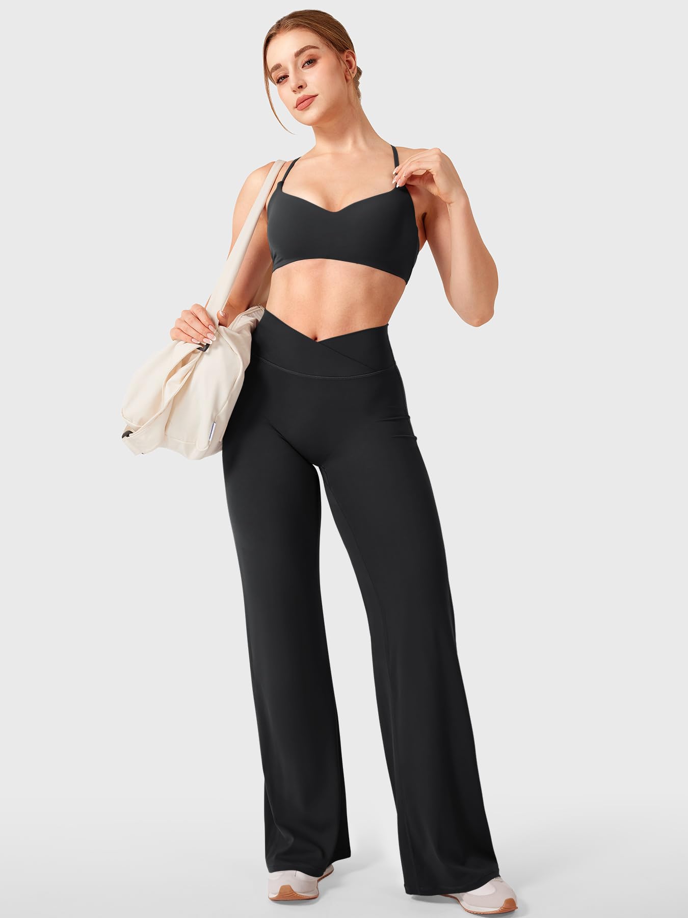 YEOREO Ease Straight Leg Leggings for Women No Front Seam Workout Leggings 31.5" Crossover High Waist Soft Yoga Pants Black M