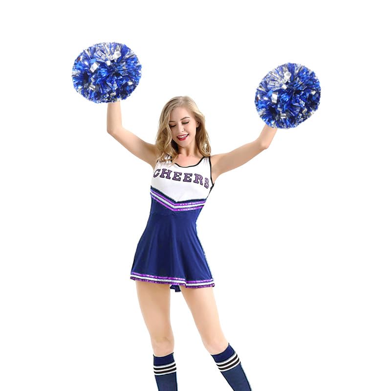 Hooshing 2 Pack Pom Poms Cheerleading Blue and Silver Pompoms with Baton Handle for Team Sports Spirit Dance Cheering