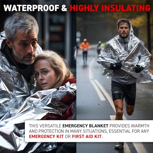 72 HRS MIL-SPEC Emergency Space Blankets – Mylar Survival or Emergency Thermal Blankets for Camping, Hiking, Marathon, First Aid, Emergency Preparedness, Extreme Weather, Shelter (12-Pack)