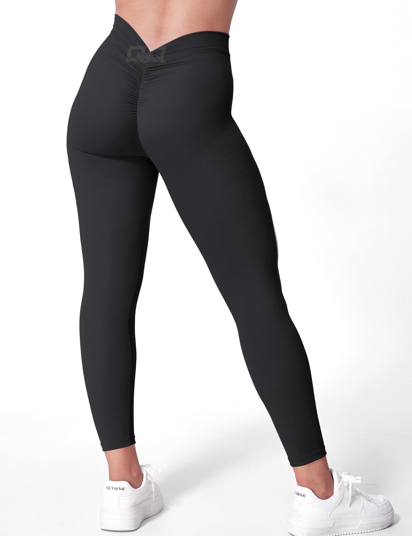 QOQ V Back Leggings for Women Scrunch Butt Lifting Workout Leggings High Waisted Gym Booty Tights Black M