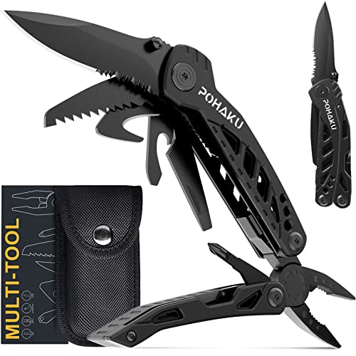 Pohaku Multitool Knife, Pohaku 13 in 1 Pocket Multitool, Multi Tool with 3" Large Blade, Safety Locking Design, Spring-Action Plier, Durable Nylon Sheath for Outdoor, Camping, Fishing, Survival,Hiking