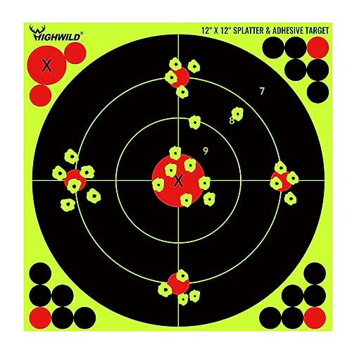 Highwild 12X12 Inch Splatter Adhesive Bullseye Fluorescent Yellow Shooting Target Stickers - Suitable for Handguns, Rifles, BB Guns, Airsoft, Pellet Guns - 10 Pack