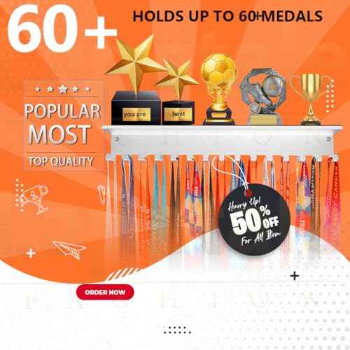 Non-Slip Trophy Shelf,Trophy and Medal Display Shelf, Medal Hanger Display For Wall with 16inchL,Shelves For Trophies medal display Upgraded Medal Holder display For gymanstics,race,soccer,swim
