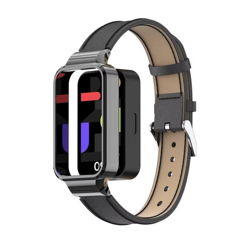 T-BLUER Bands Compatible with Xiaomi Smart Band 9 Active/Redmi Band 3,Leather Replacement Band Bracelet Strap Accessories with Metal Frame for Redmi Band 3 Woman Man Black